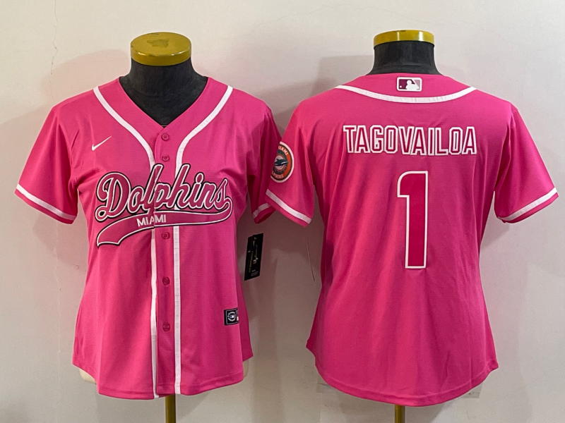 Women's Miami Dolphins #1 Tua Tagovailoa Pink With Patch Cool Base Stitched Baseball Jersey