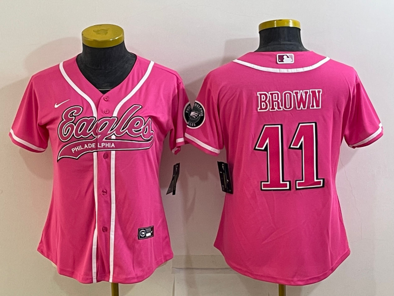 Women's Philadelphia Eagles #11 AJ Brown Pink With Patch Cool Base Stitched Baseball Jersey