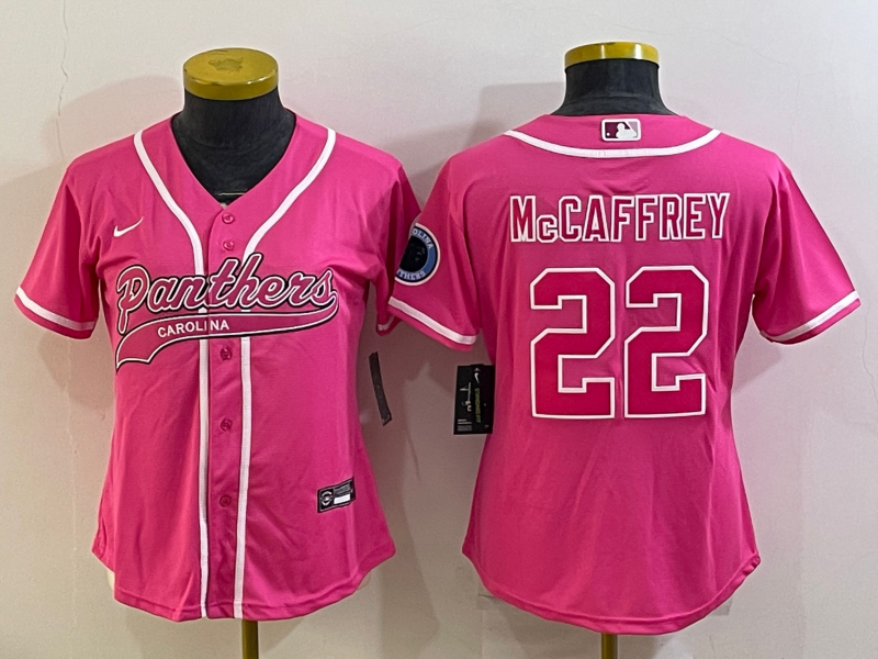 Women's Carolina Panthers #22 Christian McCaffrey Pink With Patch Cool Base Stitched Baseball Jersey