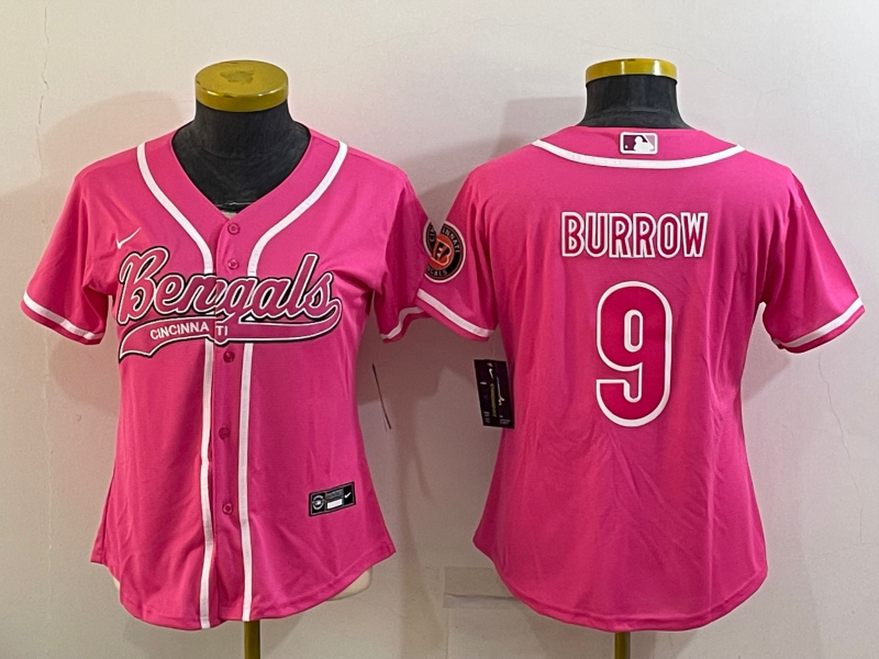 Women's Cincinnati Bengals #9 Joe Burrow Pink With Patch Cool Base Stitched Baseball Jersey