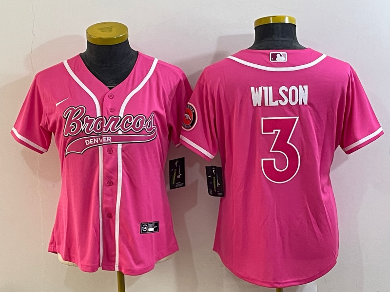 Women's Denver Broncos #3 Russell Wilson Pink With Patch Cool Base Stitched Baseball Jersey