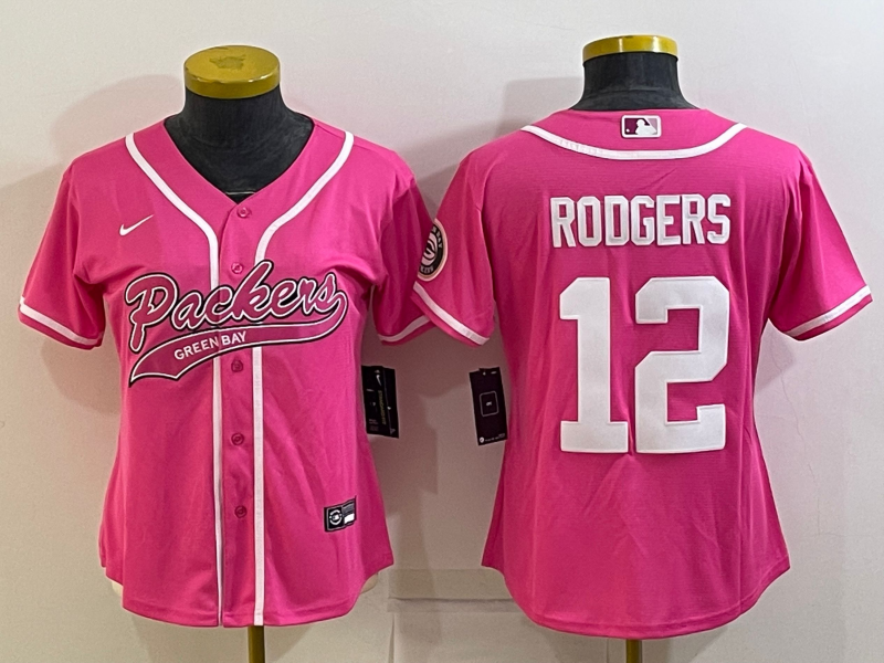 Women's Green Bay Packers #12 Aaron Rodgers Pink With Patch Cool Base Stitched Baseball Jersey