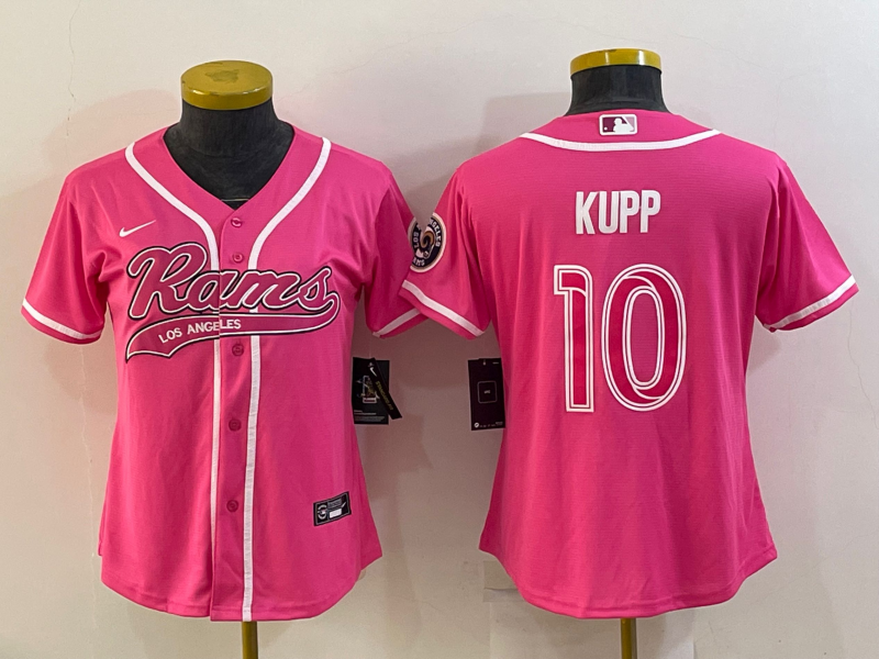 Women's Los Angeles Rams #10 Cooper Kupp Pink With Patch Cool Base Stitched Baseball Jersey