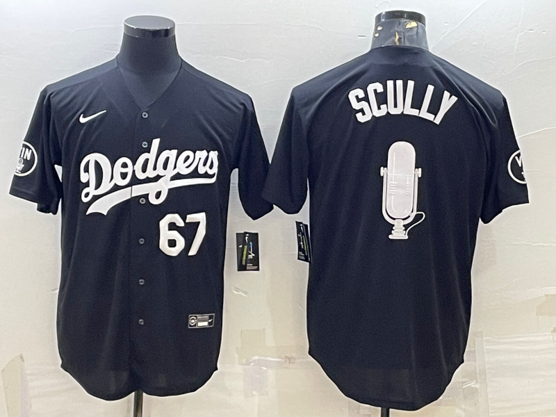 Men's Los Angeles Dodgers #67 Vin Scully Black White Big Logo With Vin Scully Patch Stitched Jersey