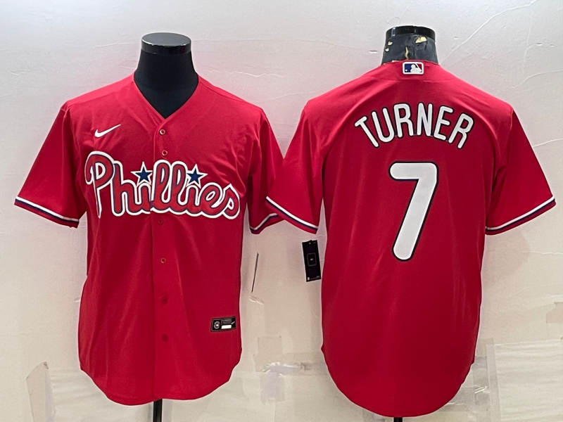 Men's Philadelphia Phillies #7 Trea Turner Red Cool Base Stitched Baseball Jersey