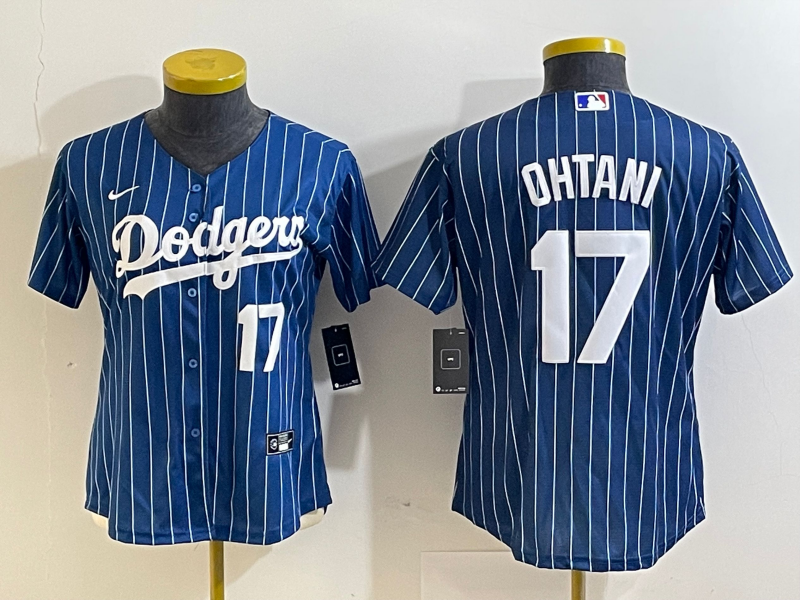 Women's Los Angeles Dodgers #17 Shohei Ohtani Number Red Navy Blue Pinstripe Stitched Cool Base Nike Jersey