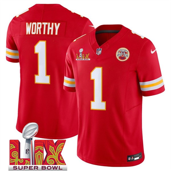 Men’s Kansas City Chiefs #1 Xavier Worthy Red 2025 F.U.S.E. Super Bowl LIX Patch Vapor Untouchable Limited Football Stitched Jersey