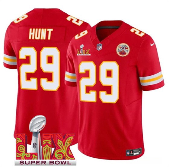 Men’s Kansas City Chiefs #29 Kareem Hunt Red 2025 F.U.S.E. Super Bowl LIX Patch Vapor Untouchable Limited Football Stitched Jersey