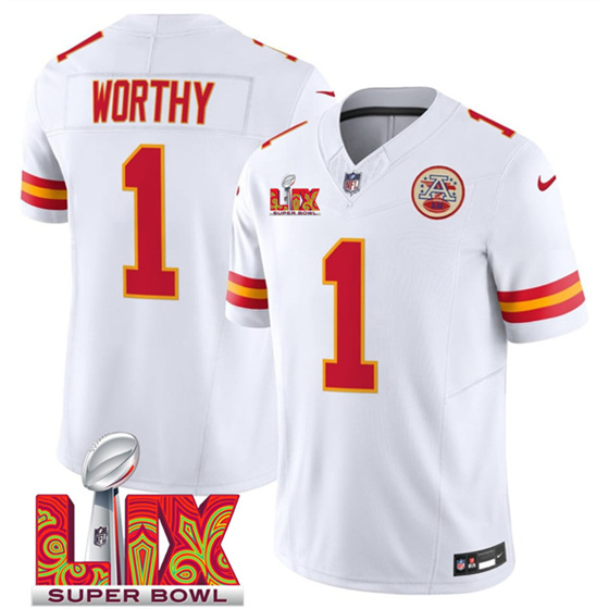 Men’s Kansas City Chiefs #1 Xavier Worthy White 2025 F.U.S.E. Super Bowl LIX Patch Vapor Untouchable Limited Football Stitched Jersey
