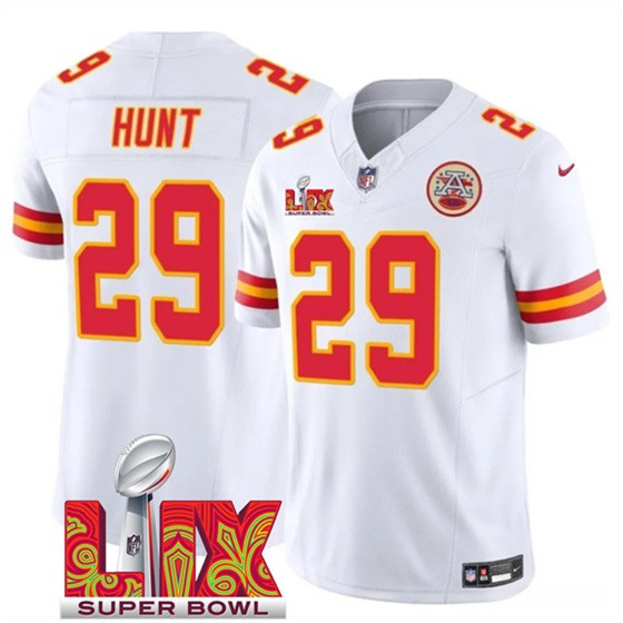 Men’s Kansas City Chiefs #29 Kareem Hunt White 2025 F.U.S.E. Super Bowl LIX Patch Vapor Untouchable Limited Football Stitched Jersey