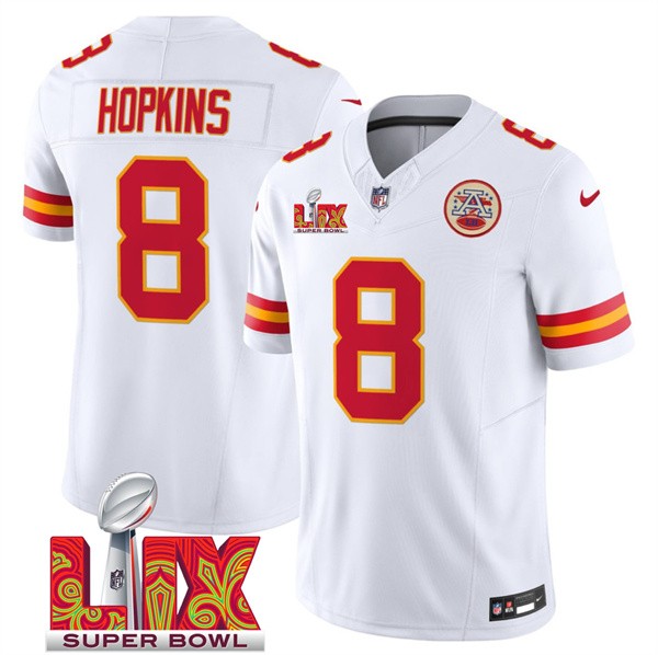 Men’s Kansas City Chiefs #8 DeAndre Hopkins White 2025 F.U.S.E. Super Bowl LIX Patch Vapor Untouchable Limited Football Stitched Jersey
