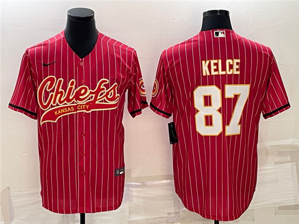 Men's Kansas City Chiefs #87 Travis Kelce Red With Patch Cool Base Stitched Baseball Jersey