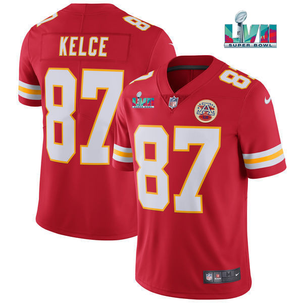 Men’s Kansas City Chiefs #87 Travis Kelce Red Super Bowl LVII Patch Vapor Untouchable Limited Stitched Jersey