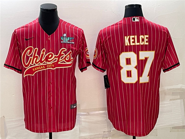 Men's Kansas City Chiefs #87 Travis Kelce Red With Super Bowl LVII Patch Cool Base Stitched Baseball Jersey