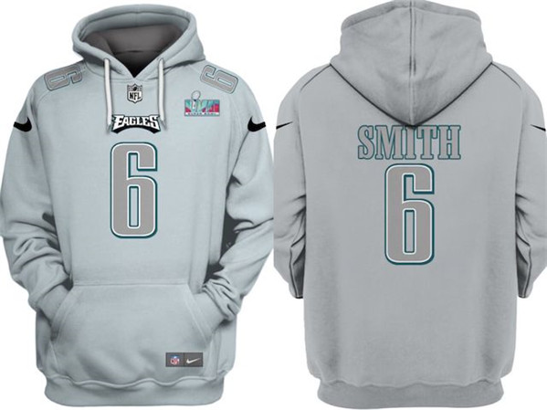 Men's Philadelphia Eagles #6 DeVonta Smith Gray Atmosphere Fashion Super Bowl LVII Patch Pullover Hoodie