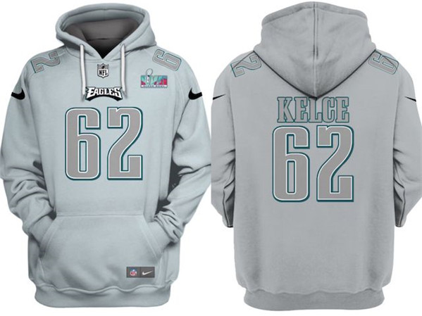 Men's Philadelphia Eagles #62 Jason Kelce Gray Atmosphere Fashion Super Bowl LVII Patch Pullover Hoodie