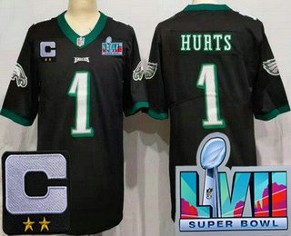 Women's Philadelphia Eagles #1 Jalen Hurts Limited Black C Patch Super Bowl LVII Vapor Jersey