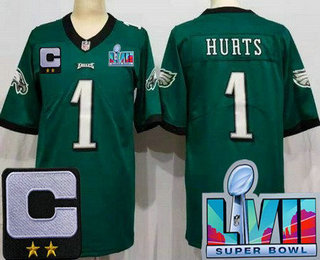 Women's Philadelphia Eagles #1 Jalen Hurts Limited Green C Patch Super Bowl LVII Vapor Jersey