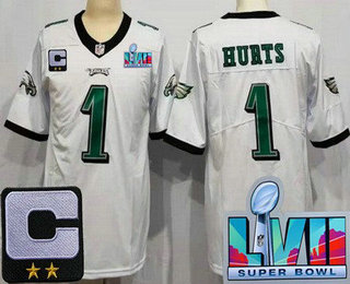 Youth Philadelphia Eagles #1 Jalen Hurts Limited White C Patch Super Bowl LVII Vapor Jersey