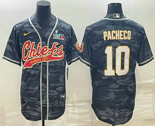 Men's Kansas City Chiefs #10 Isiah Pacheco Grey Camo With Super Bowl LVII Patch Cool Base Stitched Baseball Jersey