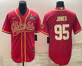 Men's Kansas City Chiefs #95 Chris Jones Red With Super Bowl LVII Patch Cool Base Stitched Baseball Jersey