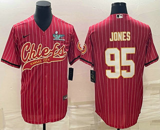 Men's Kansas City Chiefs #95 Chris Jones Red Pinstripe With Super Bowl LVII Patch Cool Base Stitched Baseball Jersey