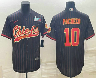 Men's Kansas City Chiefs #10 Isiah Pacheco Black Pinstripe With Super Bowl LVII Patch Cool Base Stitched Baseball Jersey