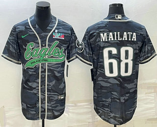 Men's Philadelphia Eagles #68 Jordan Mailata Grey Camo With Super Bowl LVII Patch Cool Base Stitched Baseball Jersey