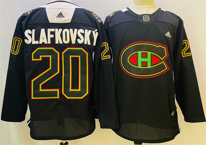 Men's Montreal Canadiens #20 Juraj Slafkovsky 2022 Black Warm Up History Night Stitched Jersey