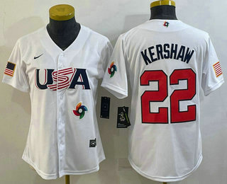 Women's USA Baseball #22 Clayton Kershaw 2023 White World Classic Stitched Jerseys