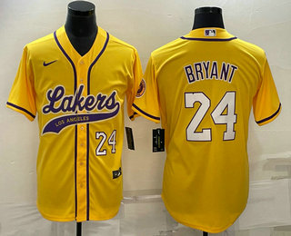 Men's Los Angeles Lakers #24 Kobe Bryant Number Yellow With Patch Cool Base Stitched Baseball Jersey