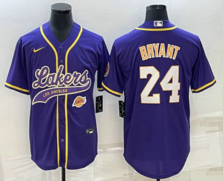 Men's Los Angeles Lakers #24 Kobe Bryant Purple With Patch Cool Base Stitched Baseball Jerseys