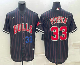 Men's Chicago Bulls #33 Scottie Pippen Number Black With Patch Cool Base Stitched Baseball Jersey