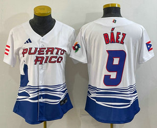 Women's Puerto Rico Baseball #9 Javier Baez White 2023 World Baseball Classic Stitched Jersey