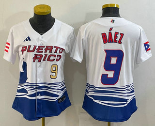 Women's Puerto Rico Baseball #9 Javier Baez Number White 2023 World Baseball Classic Stitched Jerseys