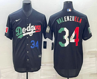 Men's Los Angeles Dodgers #34 Fernando Valenzuela Number Mexico Black Cool Base Stitched Baseball Jerseys