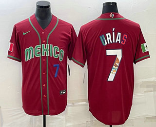 Men's Mexico Baseball #7 Julio Urias Number 2023 Red Blue World Baseball Classic Stitched Jersey1