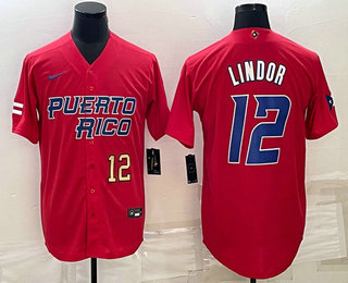 Men's Puerto Rico Baseball #12 Francisco Lindor Number 2023 Red World Baseball Classic Stitched Jersey