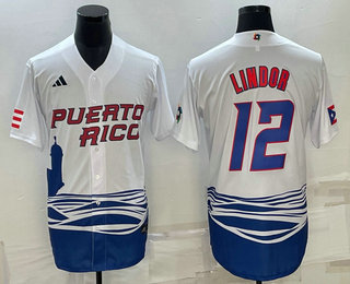 Men's Puerto Rico Baseball #23 Francisco Lindor White 2023 World Baseball Classic Stitched Jerseys