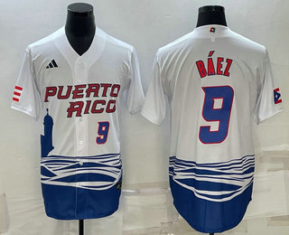 Mens Puerto Rico Baseball #9 Javier Baez Number White 2023 World Baseball Classic Stitched Jersey