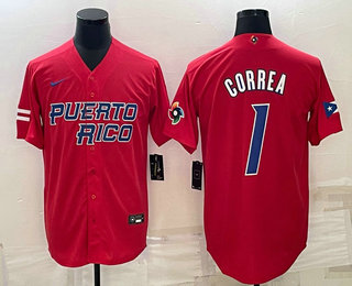 Men's Puerto Rico Baseball #1 Carlos Correa 2023 Red World Baseball Classic Stitched Jerseys