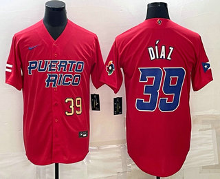 Men's Puerto Rico Baseball #39 Edwin Diaz Number 2023 Red World Baseball Classic Stitched Jerseys