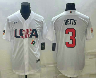 Men's USA Baseball #3 Mookie Betts 2023 White World Baseball Classic Replica Stitched Jerseys