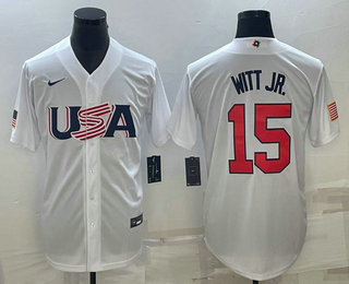 Men's USA Baseball #15 Bobby Witt Jr 2023 White World Baseball Classic Replica Stitched Jersey