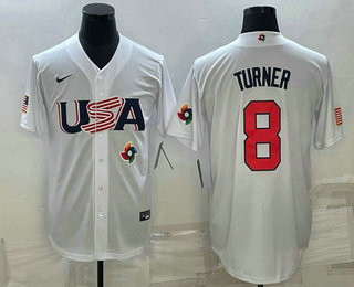 Men's USA Baseball #8 Trea Turner 2023 White World Baseball Classic Stitched Jerseys