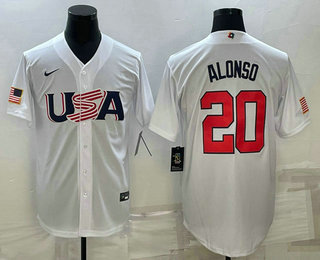 Men's USA Baseball #20 Pete Alonso 2023 White World Baseball Classic Stitched Jerseys