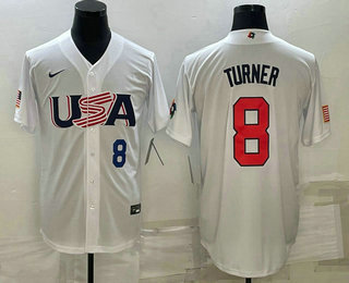 Men's USA Baseball #8 Trea Turner Number 2023 White World Baseball Classic Stitched Jersey