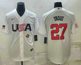 Men's USA Baseball #27 Mike Trout 2023 White World Baseball Classic Replica Stitched Jersey