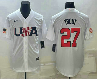 Men's USA Baseball #27 Mike Trout 2023 White World Baseball Classic Replica Stitched Jerseys