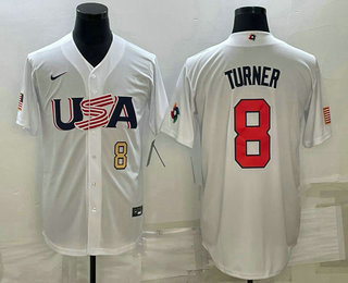 Men's USA Baseball #8 Trea Turner Number 2023 White World Baseball Classic Stitched Jerseys